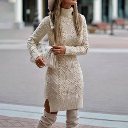 Damen Strickkleid Elegant Rollkragen Lang