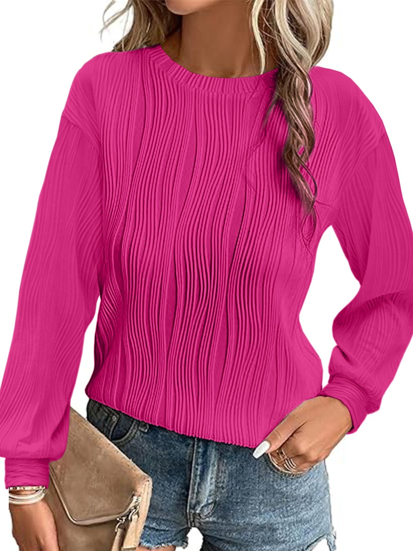 Damen Plisseepullover Langarm Elegant