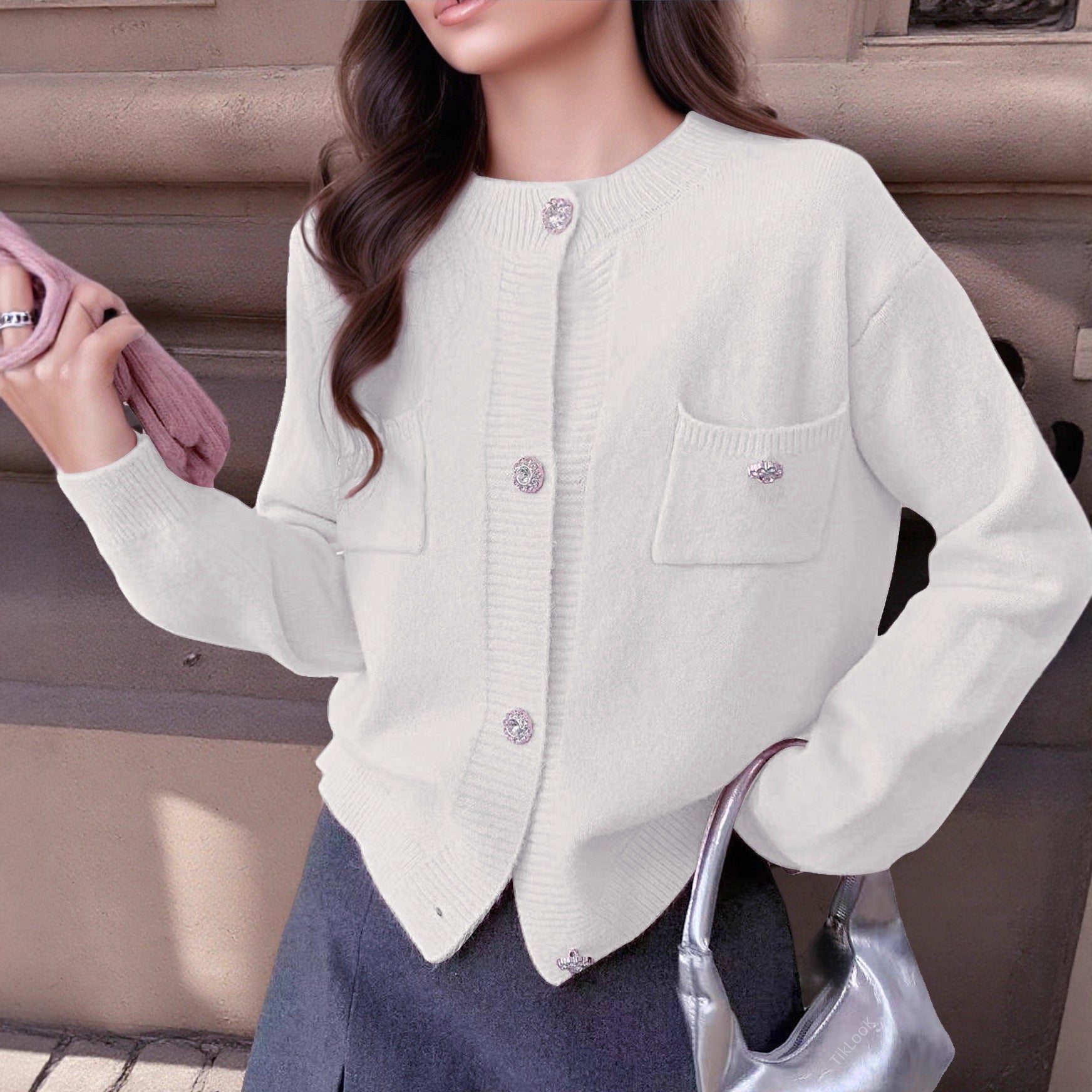 Damen Strickjacke Wollmischung Großzügig Schnitt - IdealeKleiden