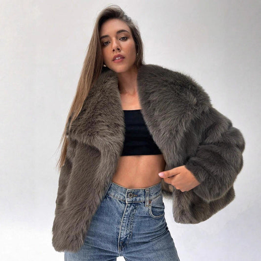 Damen Stylish Kunstpelz Jacke Oversized Ärmel Trendy - IdealeKleiden