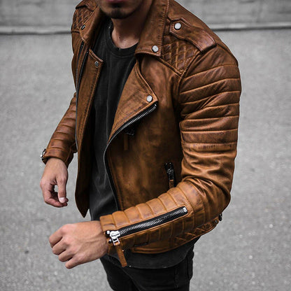Herren Lederjacke Bikerstil Robust mit Reißverschluss