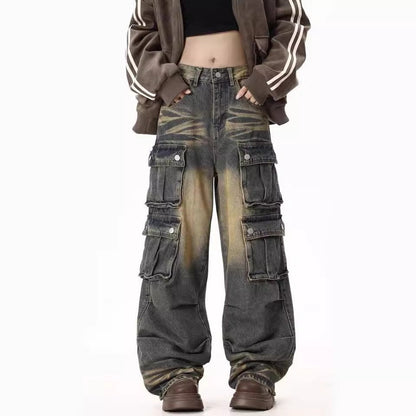 Damen Cargo-Jeans Bequem Weite Bein Seitentaschen