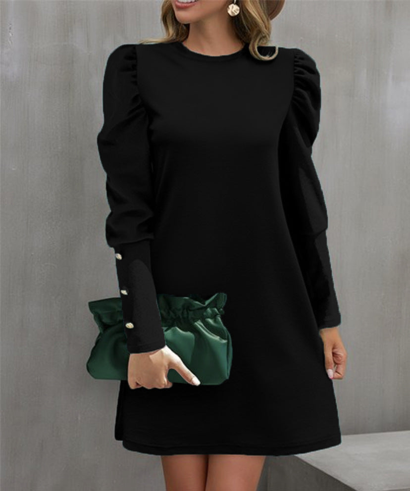 Damen Minikleid Rundhals Elegantes Puffärmel Kleid
