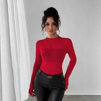 Damen Body Elegant Rüschenkragen Glitzerdetails