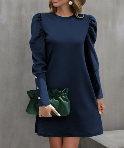 Damen Minikleid Rundhals Elegantes Puffärmel Kleid