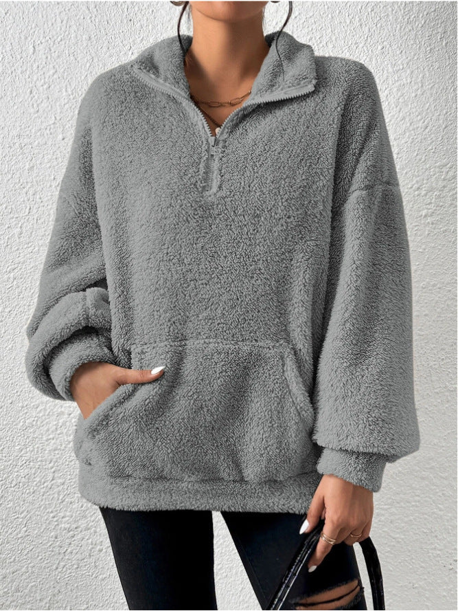Damen Fleece Pullover Weich Stehkragen Taschen