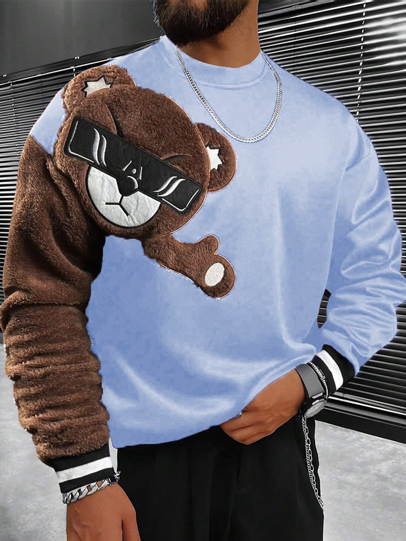 Herren Sweater Bär Applikation Weich Plüsch