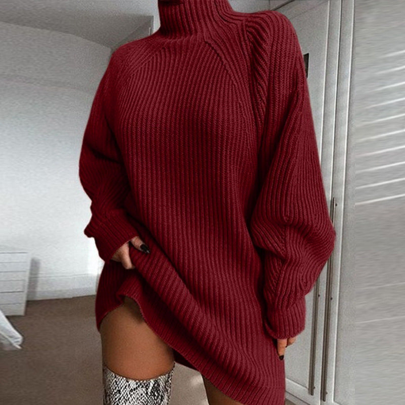 Damen Pullover Grobstrick Hochkragen Asymmetrisch