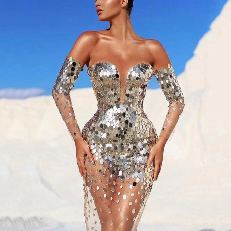 Glitzerndes Abendkleid Damen Elegant Durchsichtige Ärmel