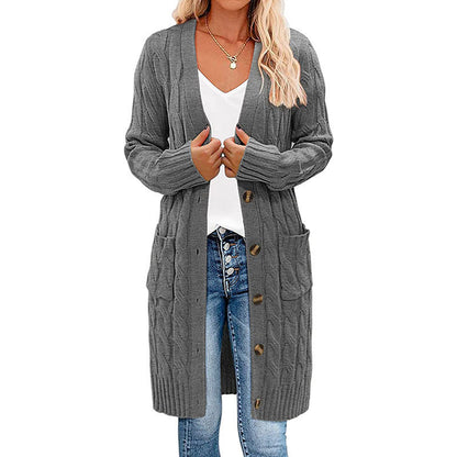 Damen Cardigan Grobstrick Warm mit Taschen und Knöpfen