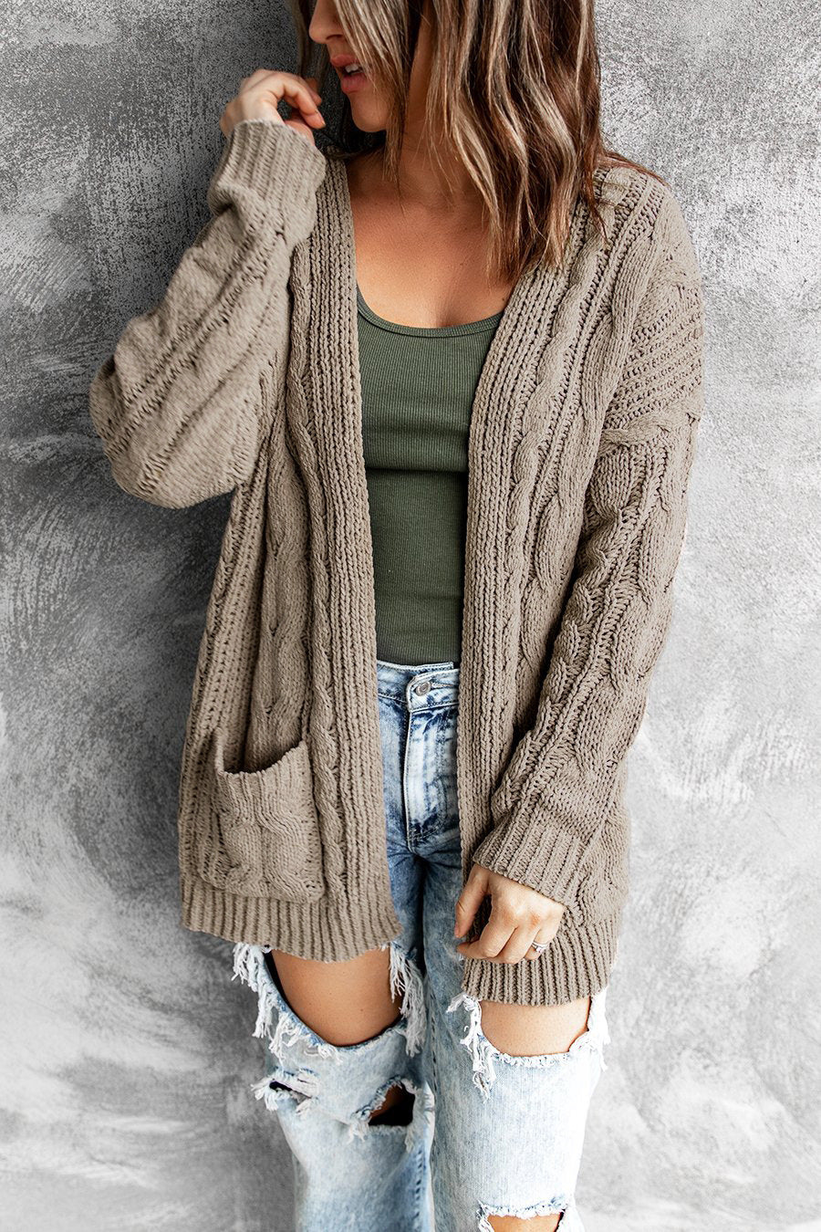 Damen Strickjacke Oversized Ärmel und Tieftaschen