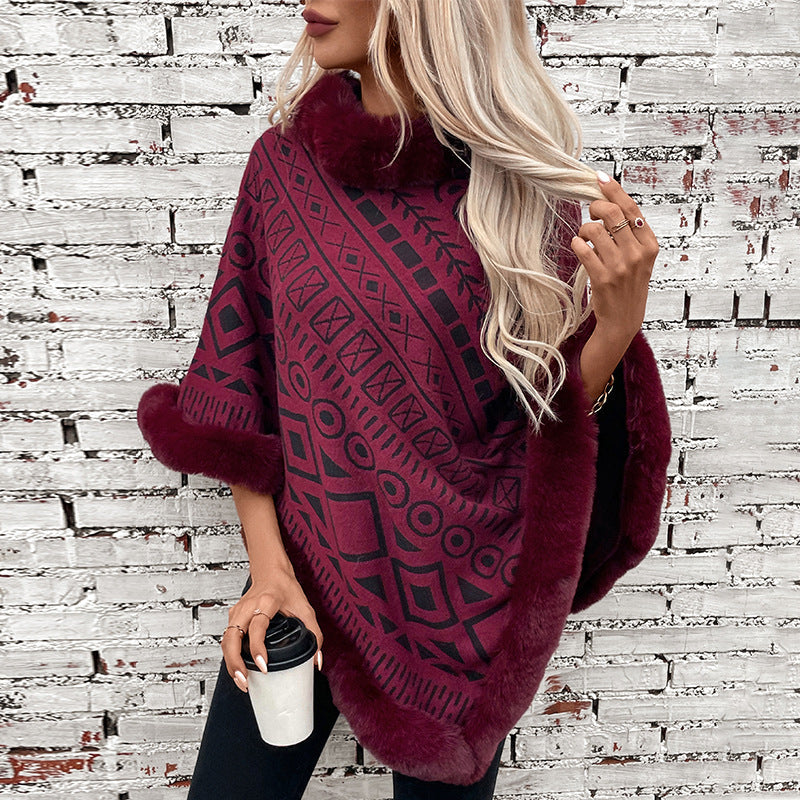 Damen Poncho Elegant Kunstfell Kragen Trendy - IdealeKleiden