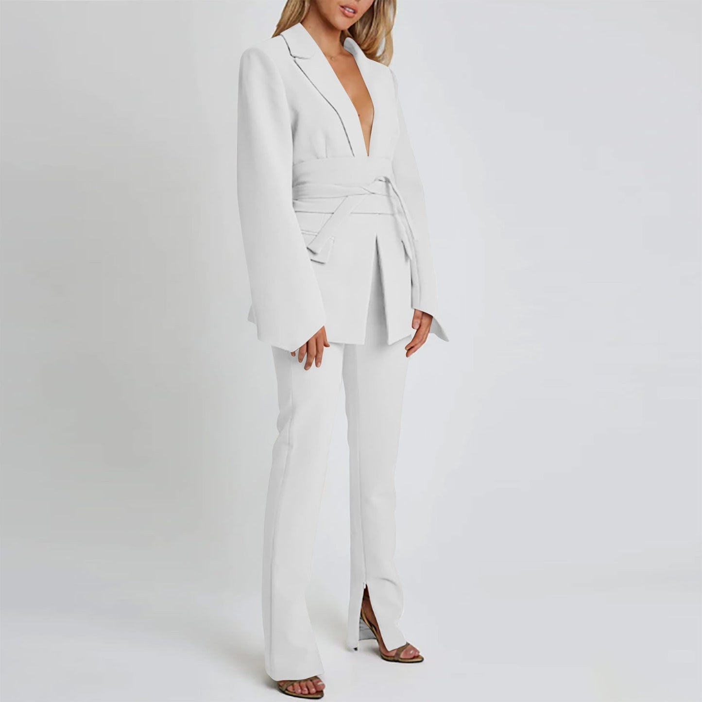 Damen Blazer Lang Elegant Schnitt Mit Taschen