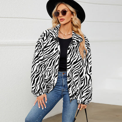 Damen Plüschjacke Zebra Muster Stehkragen Trendig