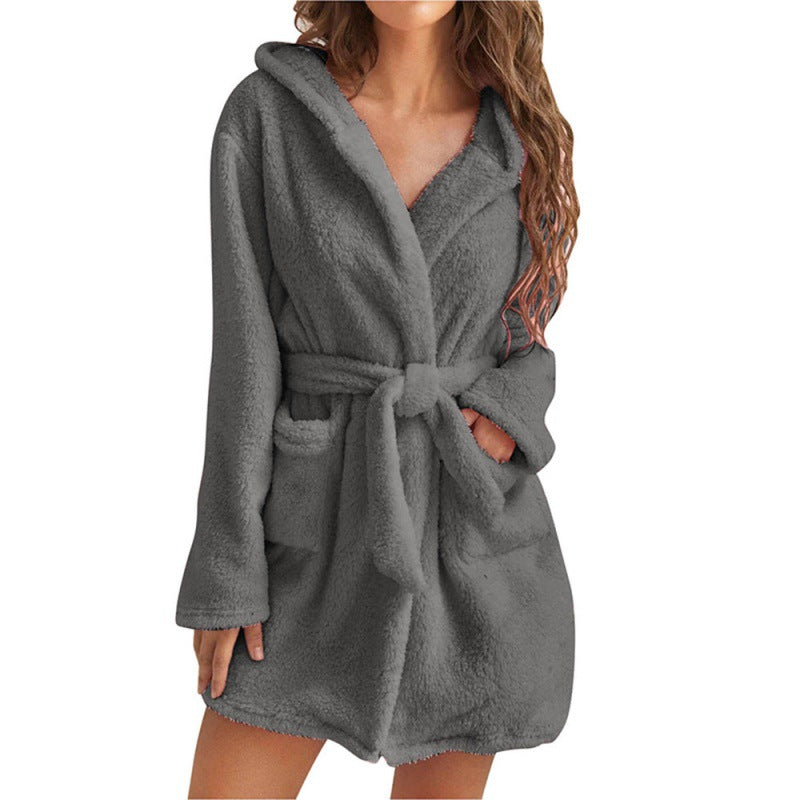 Damen Fleece Bademantel Weich Kapuze