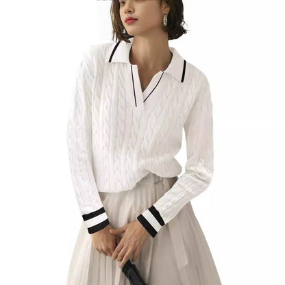 Damen Poloshirt Strickmuster Kontrastfarben Elegant
