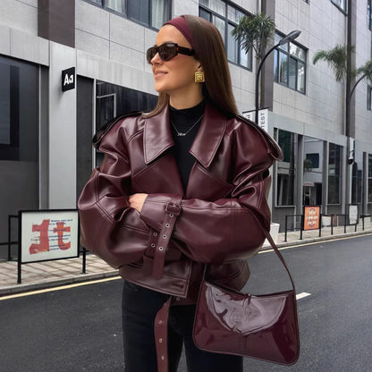 Damen Lederjacke Oversized Schnitt Trendy Manschetten - IdealeKleiden