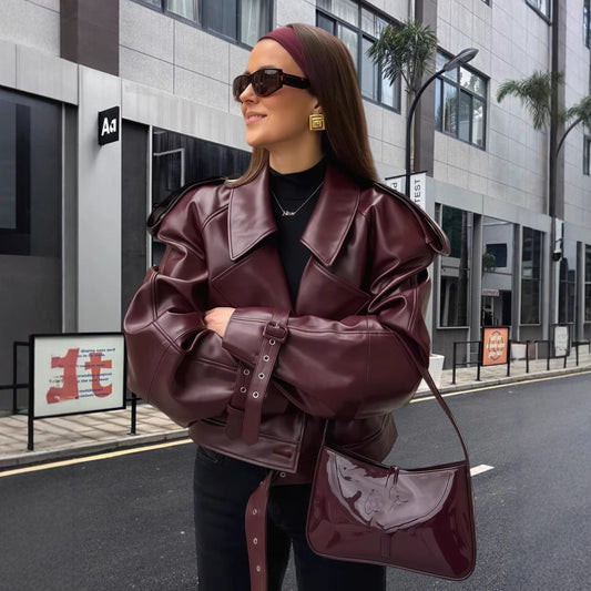 Damen Lederjacke Oversized Schnitt Trendy Manschetten - IdealeKleiden