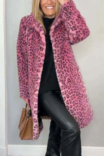 Mantel Damen Oversized Kunstpelz Leopardenmuster