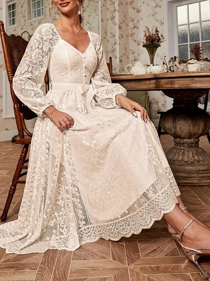 Damen Kleid Elegant Spitze Puffärmel Taillenkleid