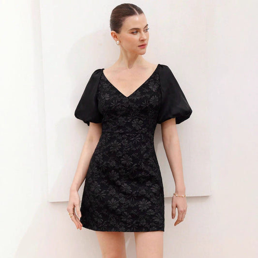 Kurzes Damenkleid Puffärmel Blumenmuster - IdealeKleiden