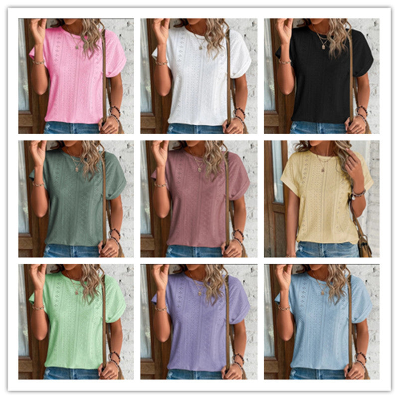 Damen Leichtes Rundhals-T-Shirt mit Lochdesign Sommer - IdealeKleiden