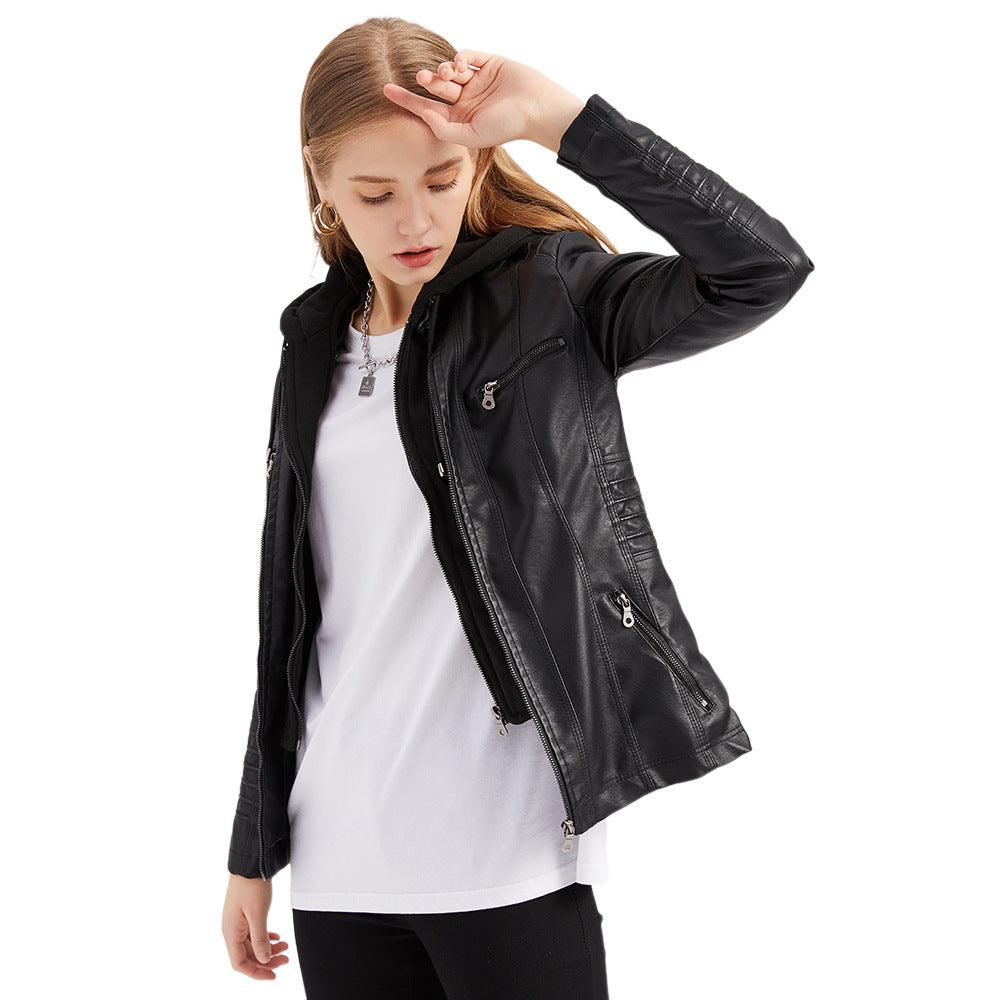 Stylische Lederjacke Slim Fit Kapuze Reißverschluss - IdealeKleiden
