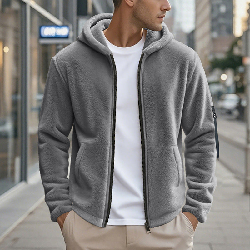 Herren Fleecejacke Kapuze Reißverschlusstaschen Outdoor