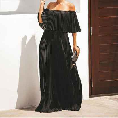Damen Maxikleid Schulterfrei Plissiert Elegant