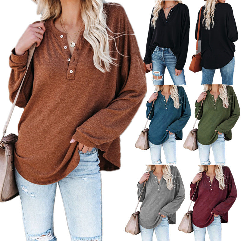 Damen Langarmshirt Lässig Knopf Detail Oberteil - IdealeKleiden