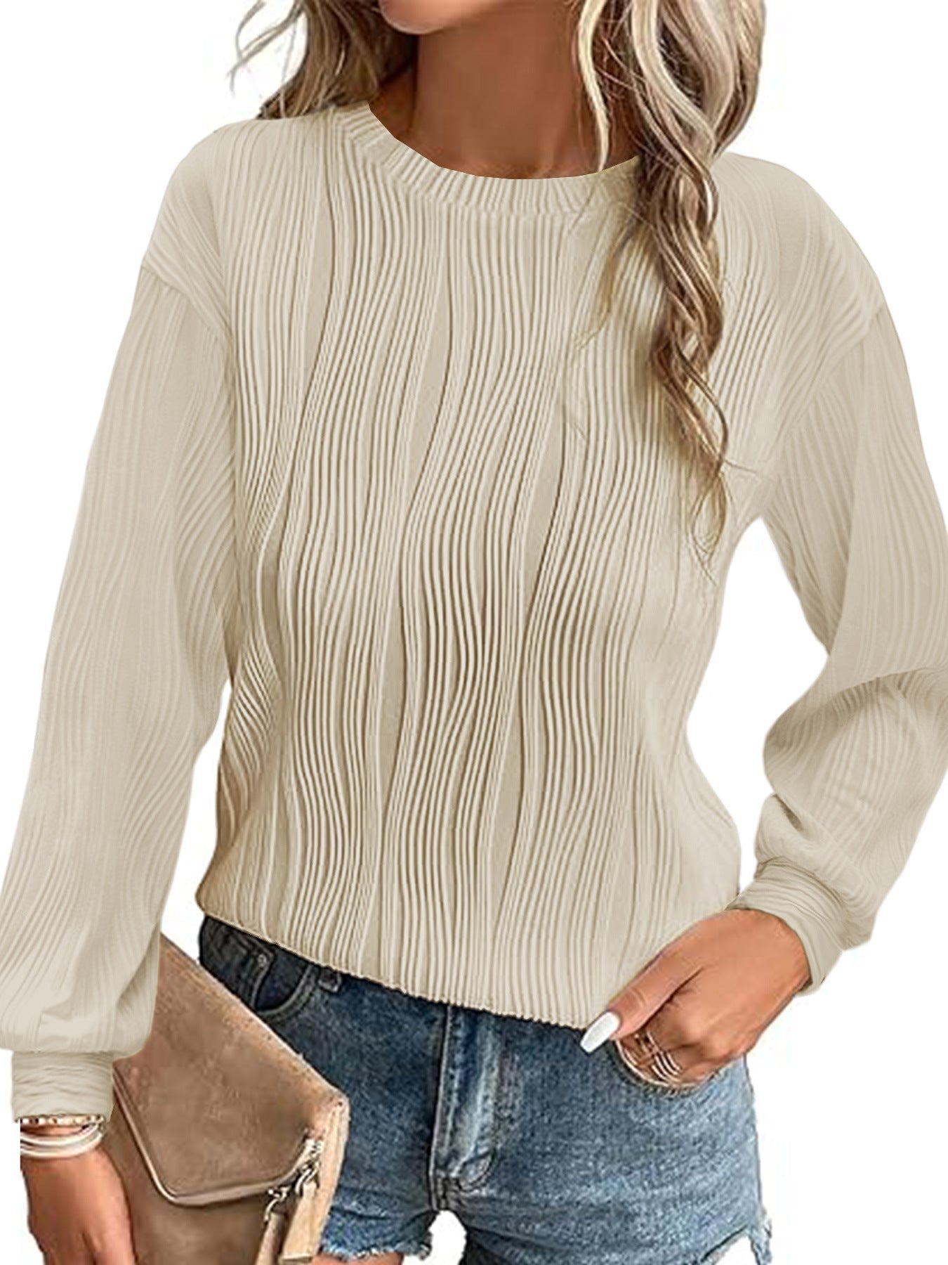 Damen Plisseepullover Langarm Elegant