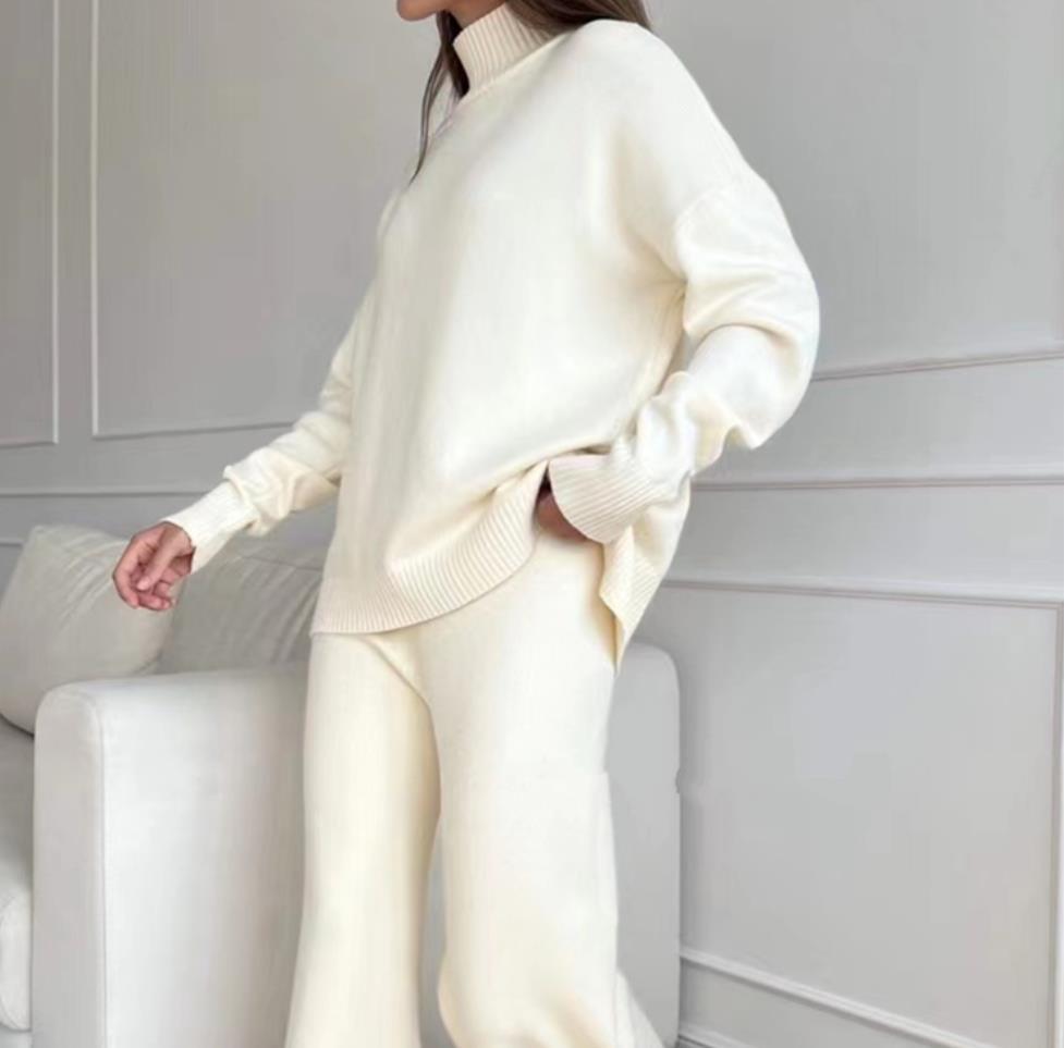 Damen Strickoutfit Hochkragen Weite Bein