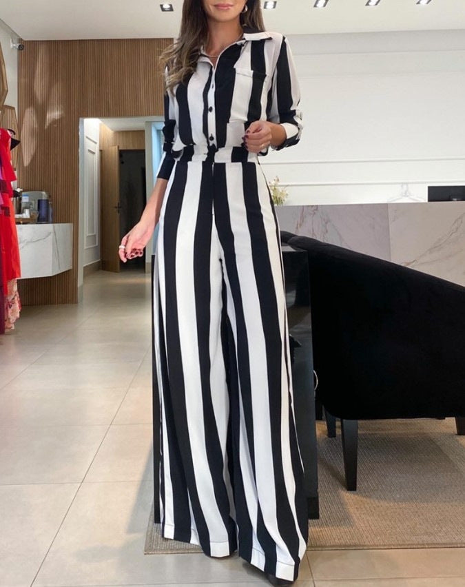 Damen Jumpsuit Chic Streifenmuster Mit Taschen