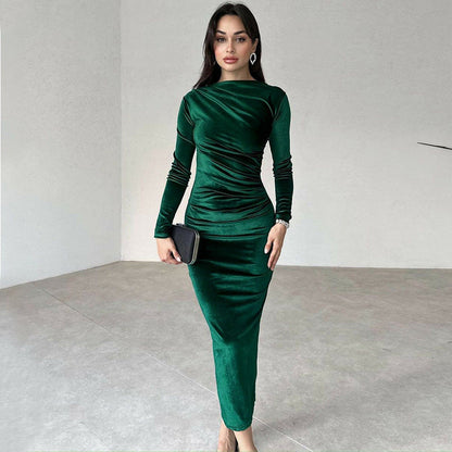 Elegantes Damen Langarmkleid Figurbetonend Raffdesign