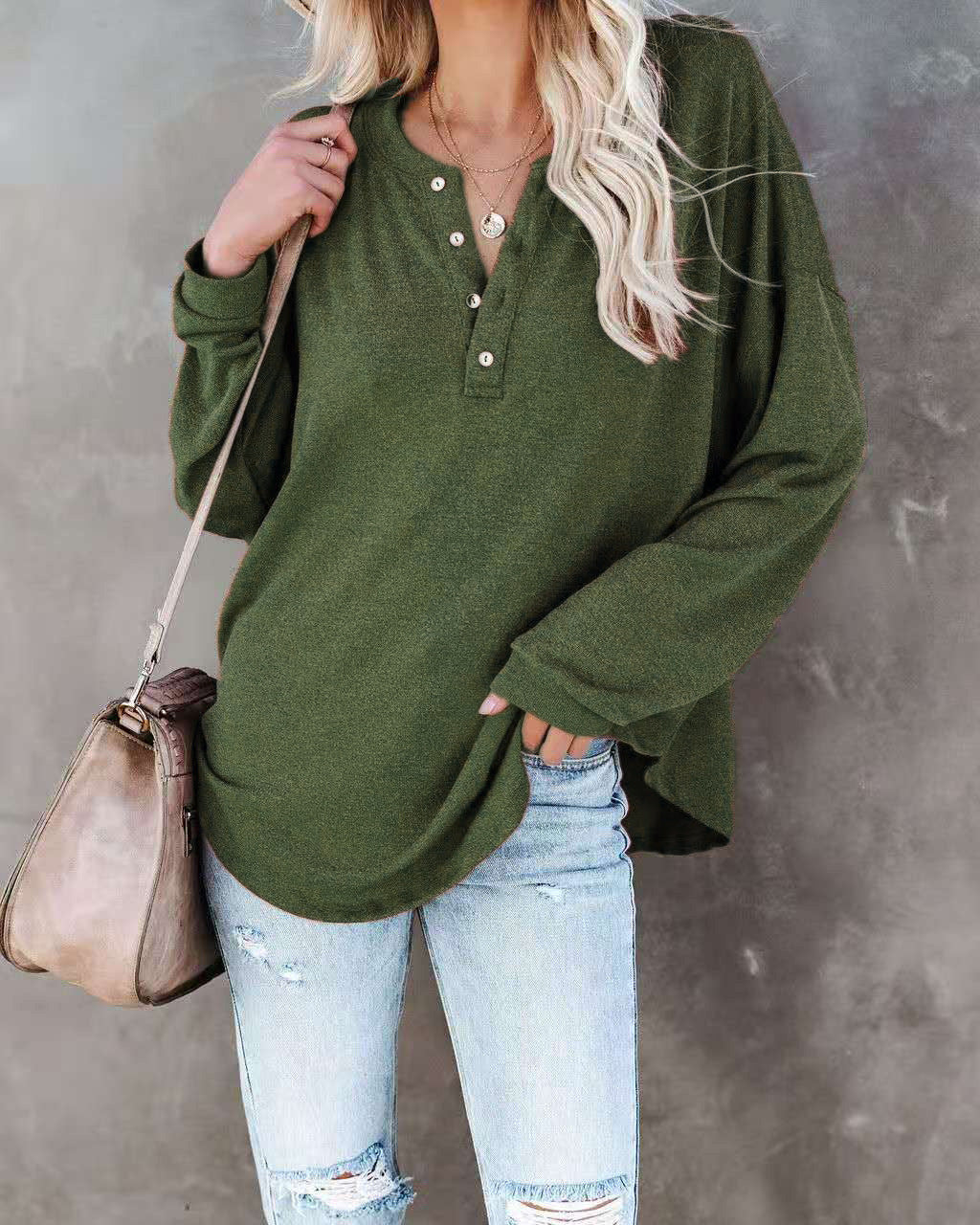 Damen Langarmshirt Lässig Knopf Detail Oberteil