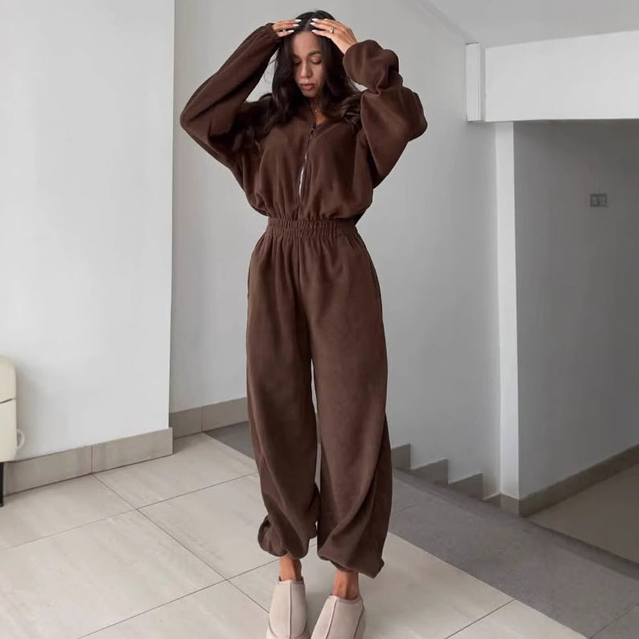 Damen Fleece Jumpsuit Bequem Stylisch - IdealeKleiden
