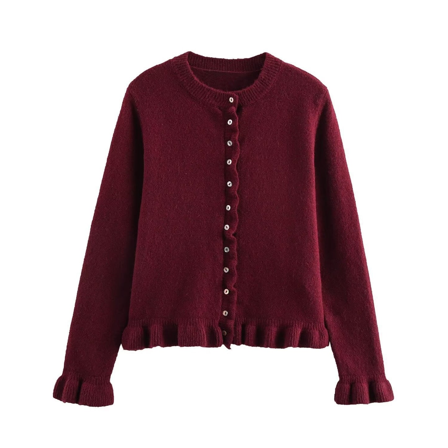 Damen Strickjacke Elegant Rüschensaum Knopfverschluss