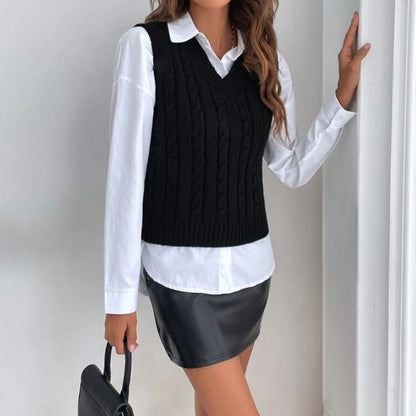 Damen Strickweste V-Ausschnitt Zopf Muster Elegante Frauenweste