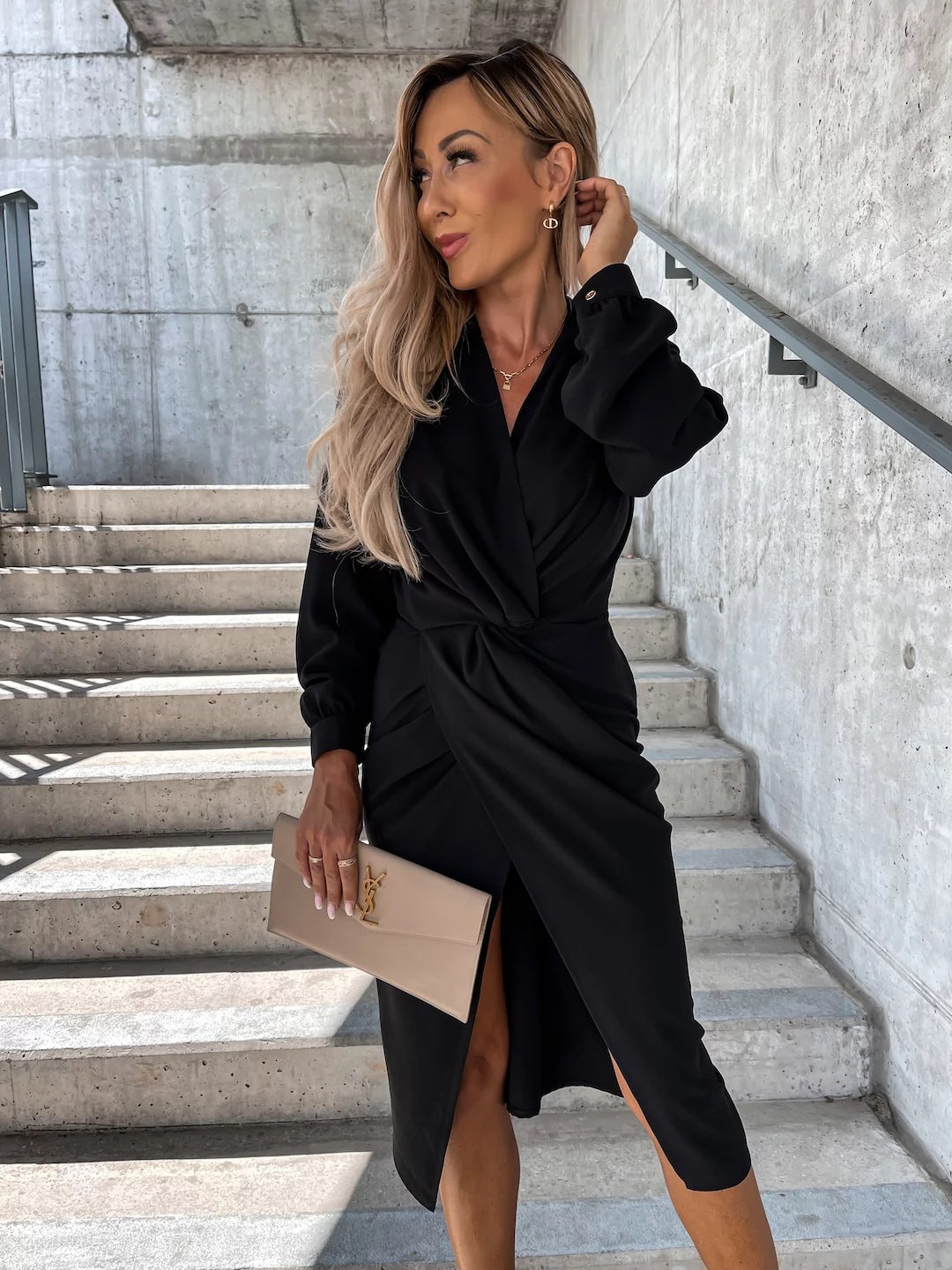 Midi Kleid Elegant Wickeloberteil V-Ausschnitt