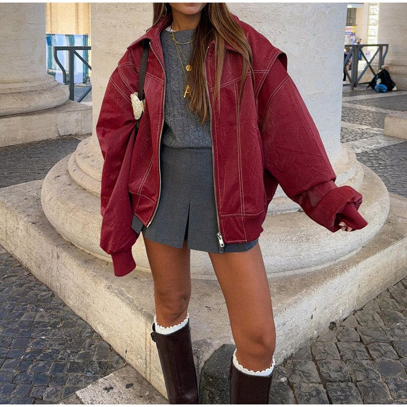 Damen Lederjacke Trendy Schmal Kragen