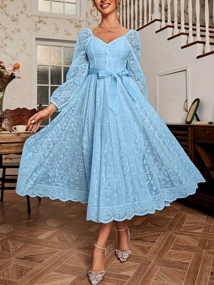Damen Kleid Elegant Spitze Puffärmel Taillenkleid