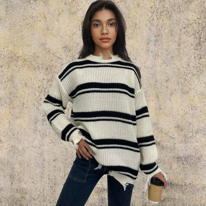 Übergröße Pullover Gestrickt Wolle Kontraststreifen