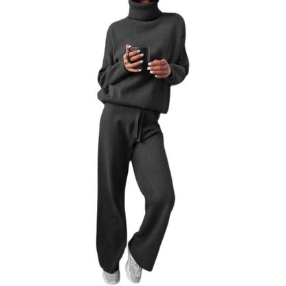 Damen Strickanzug Elegant Hochkragen Weite Beine
