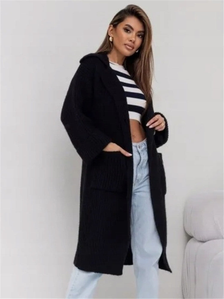 Langer Strickmantel Oversized Wollmix Kapuze