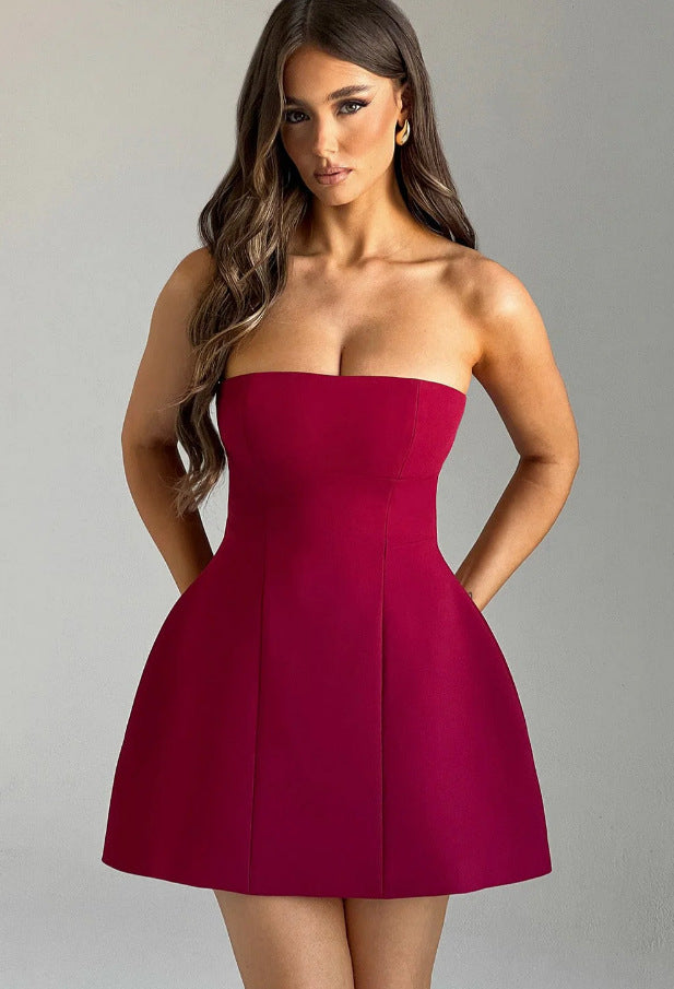 Elegantes Damenkleid A-Linie Trägerlos mit versteckten Taschen