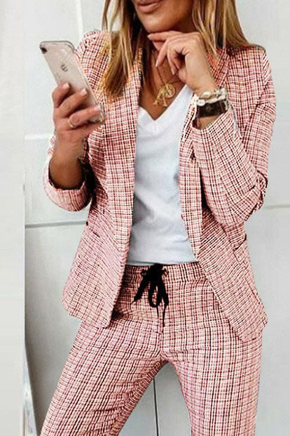 Karo Blazer Mantel &amp; Kordelzughose Set
