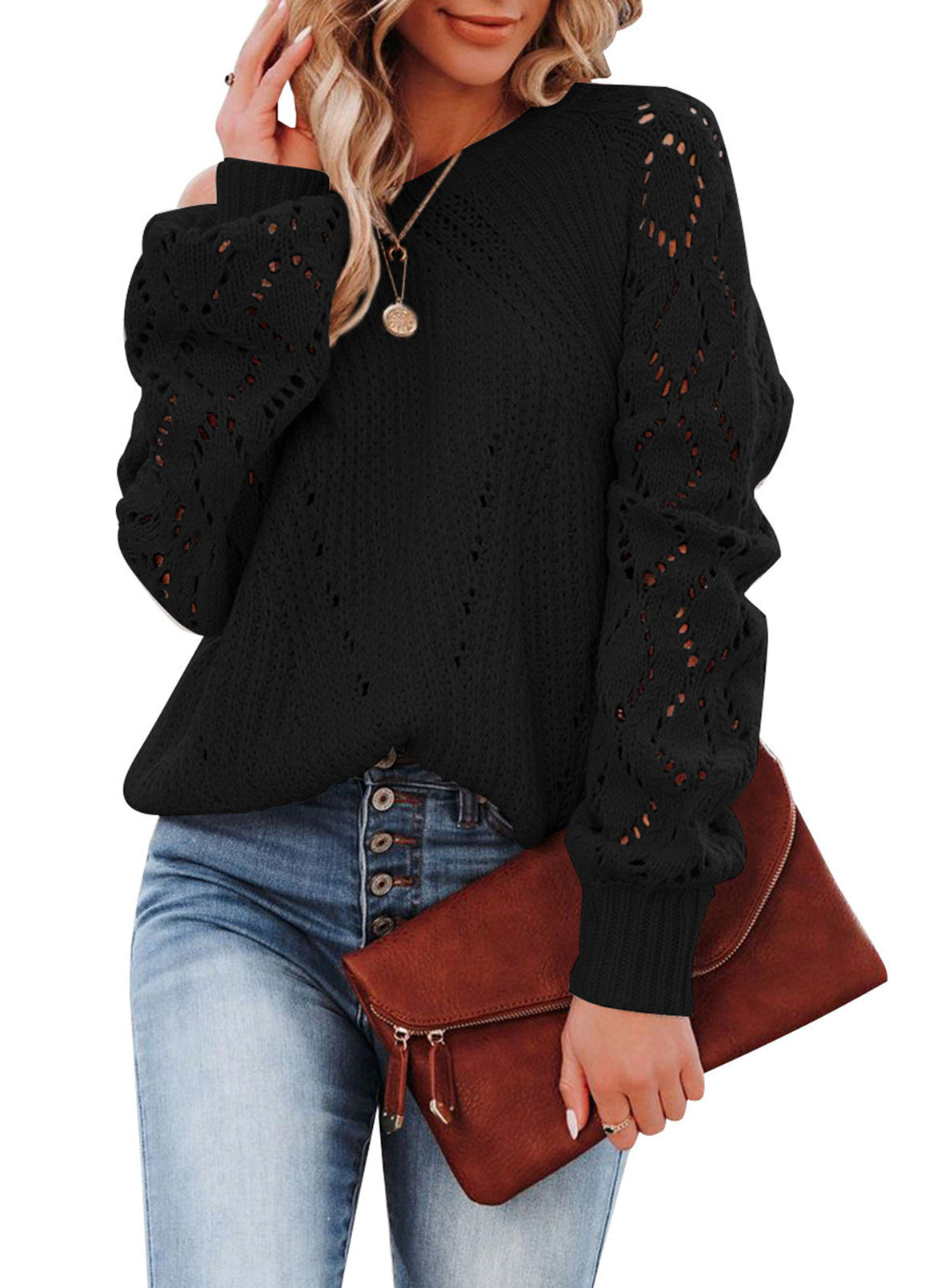 Damen Pullover Elegant Weit Ärmel Luftig Stricken