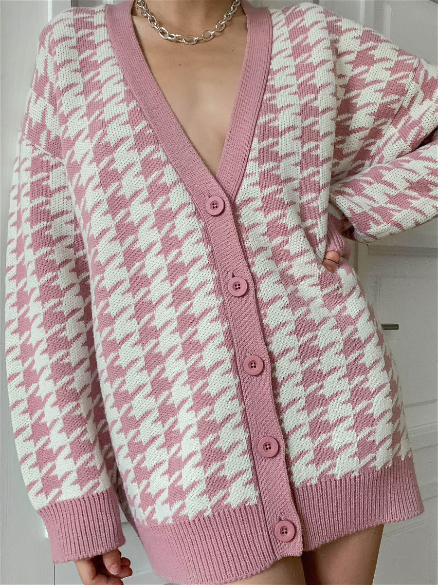 Damen Strickjacke Karo Muster Trendy V-Ausschnitt