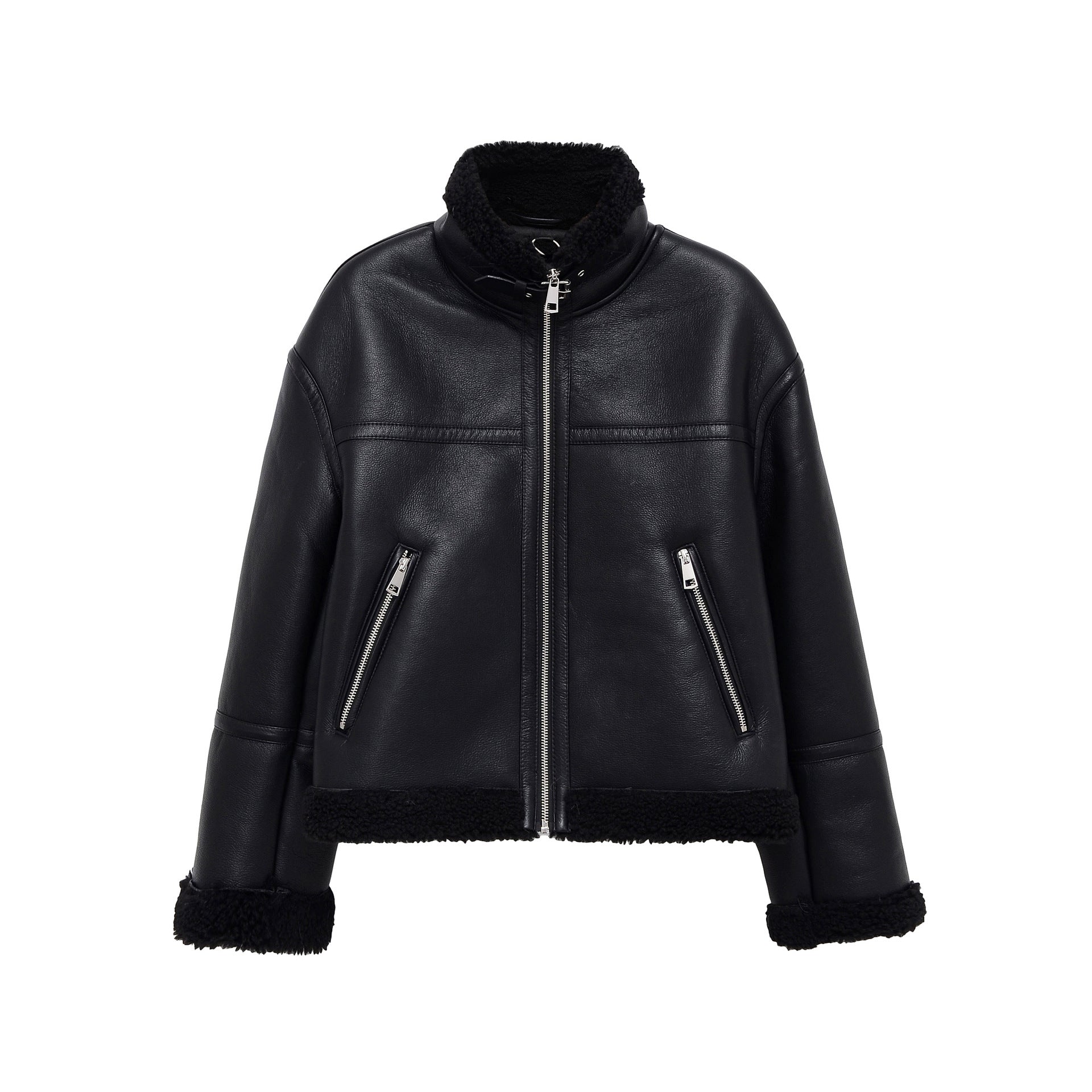 Elegante Lederjacke Aviator Stil Schwarz - IdealeKleiden