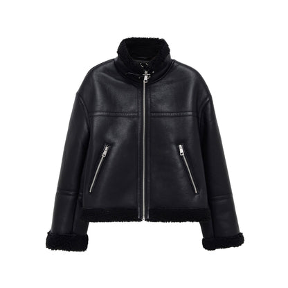 Elegante Lederjacke Aviator Stil Schwarz - IdealeKleiden